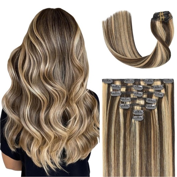 New 7pcs 70g 15" Chocolate Brown to Caramel Blonde Clip-In Hair Extensions - Picture 1 of 7